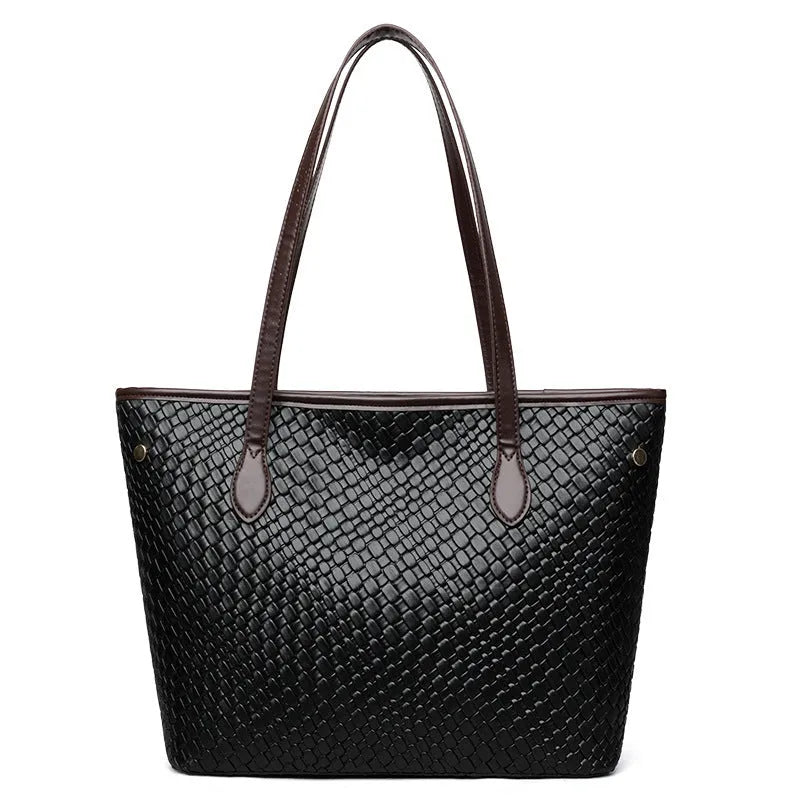 Retro women's large capacity black PU leather commuter handbag with horizontal square design