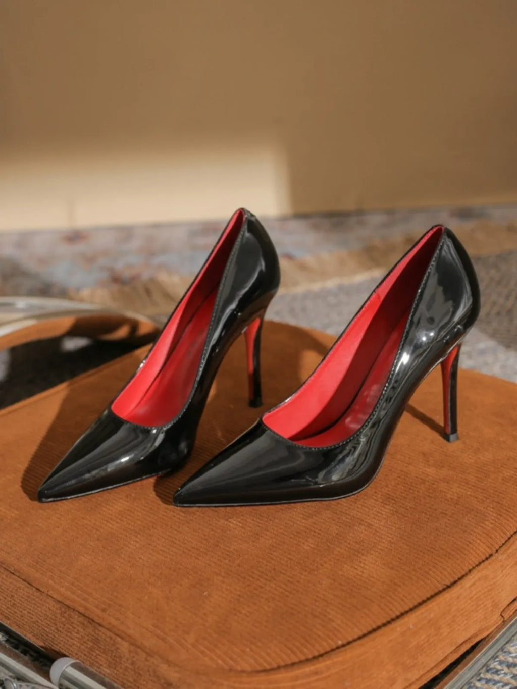 Women's PU patent leather pointed toe stiletto heels in apricot, low-cut style with stiletto heel