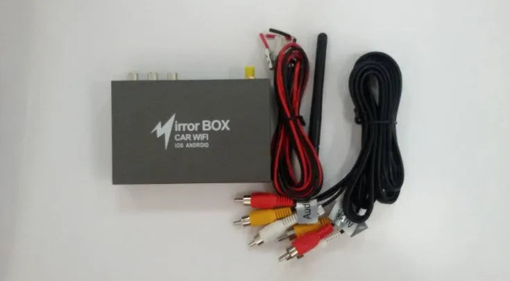 Black car mirror link box converter unit with antenna, power cable, and AV cable for wireless smartphone screen mirroring.