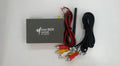 Black car mirror link box converter unit with antenna, power cable, and AV cable for wireless smartphone screen mirroring.