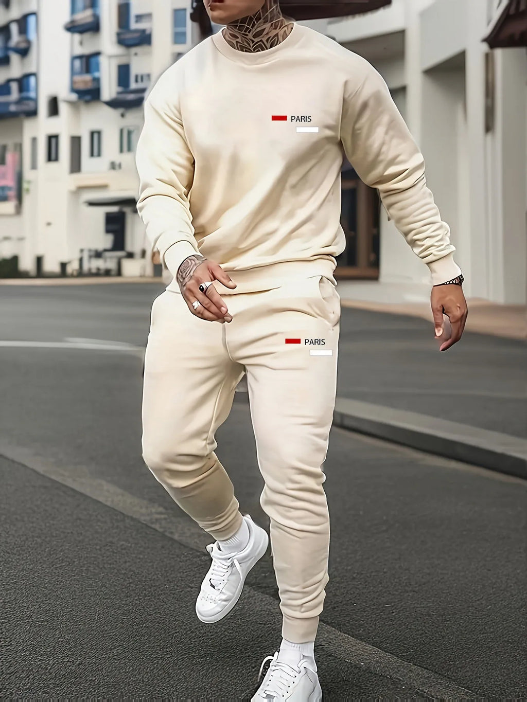 Casual printed fleece hoodie with pants two-piece set in light mature casual style, available in multiple colours