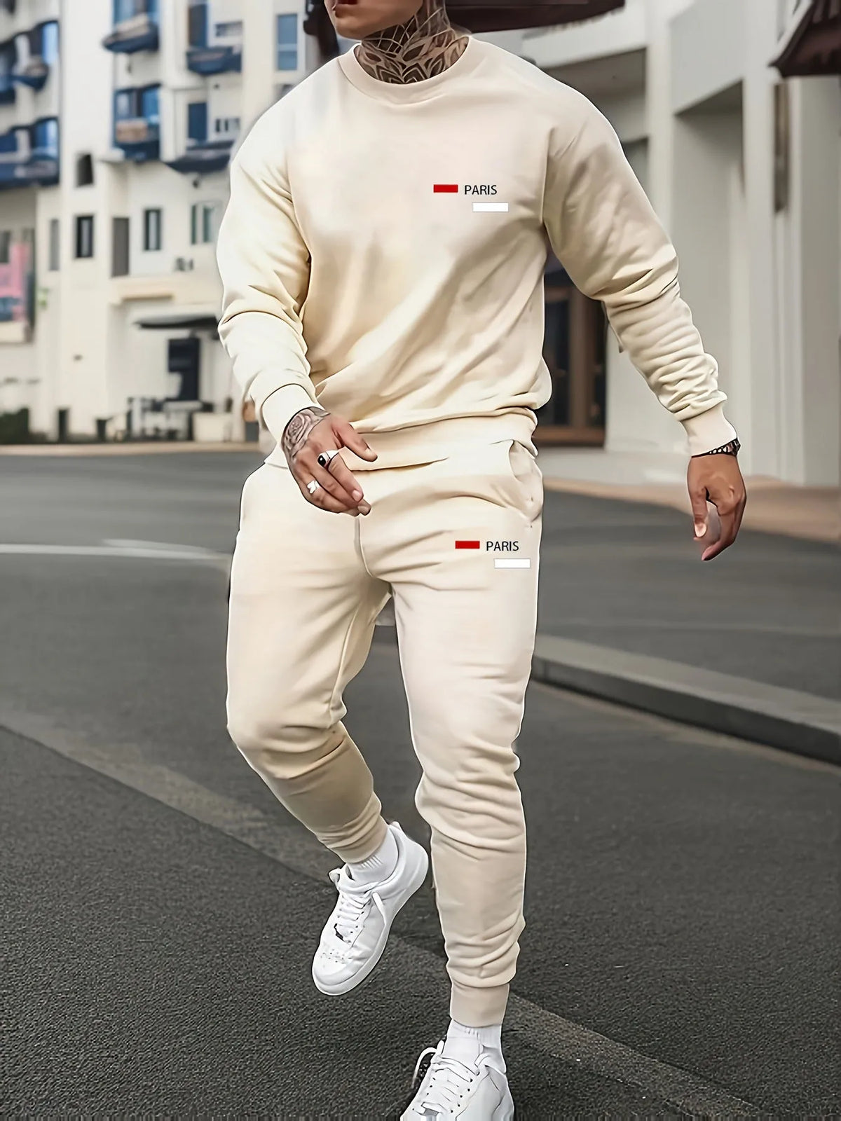 Casual printed fleece hoodie with pants two-piece set in light mature casual style, available in multiple colours