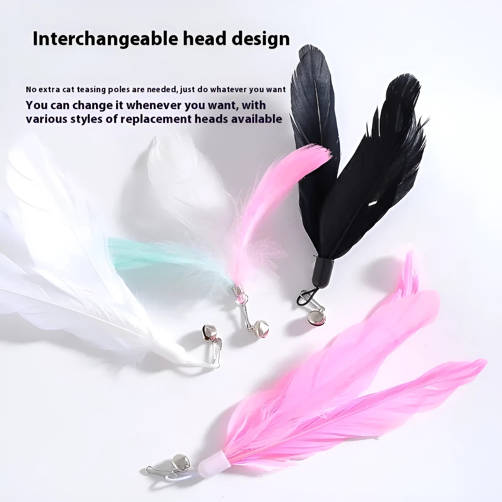 Cat teasing stick with suction cup holder, long brush handle, and bell attachment in various colour options
