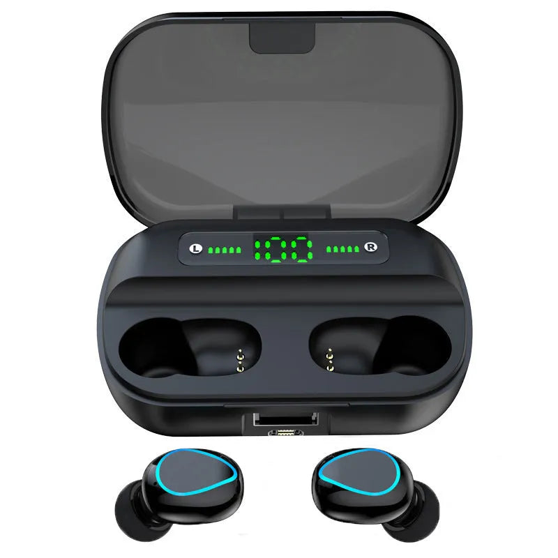 Black wireless Bluetooth stereo headset with earplug design.