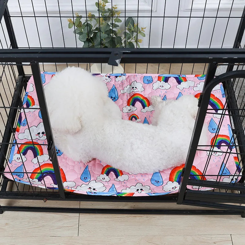 Reusable waterproof pet training pad showing animal print design options and size variations