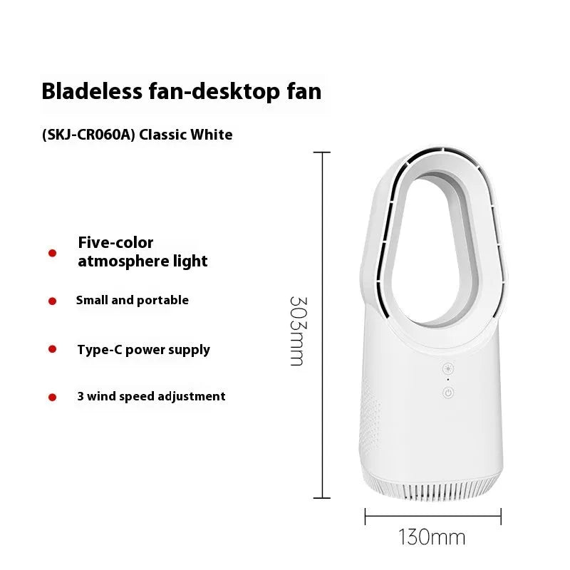 SK white bladeless tower fan with remote control on a wooden floor next to a desk.