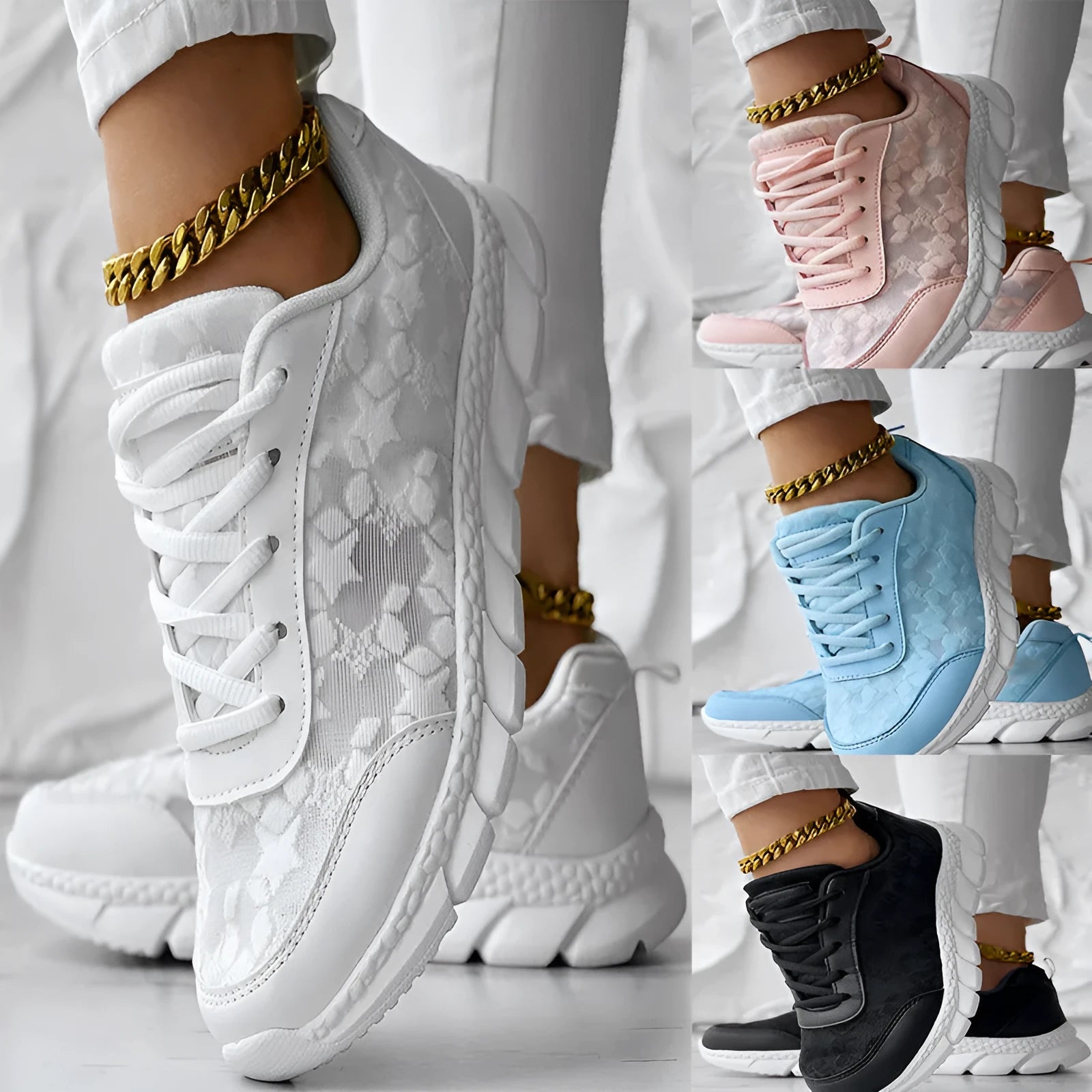 Women's lightweight canvas running shoes with soft sole in white, black, blue, or pink colour options.