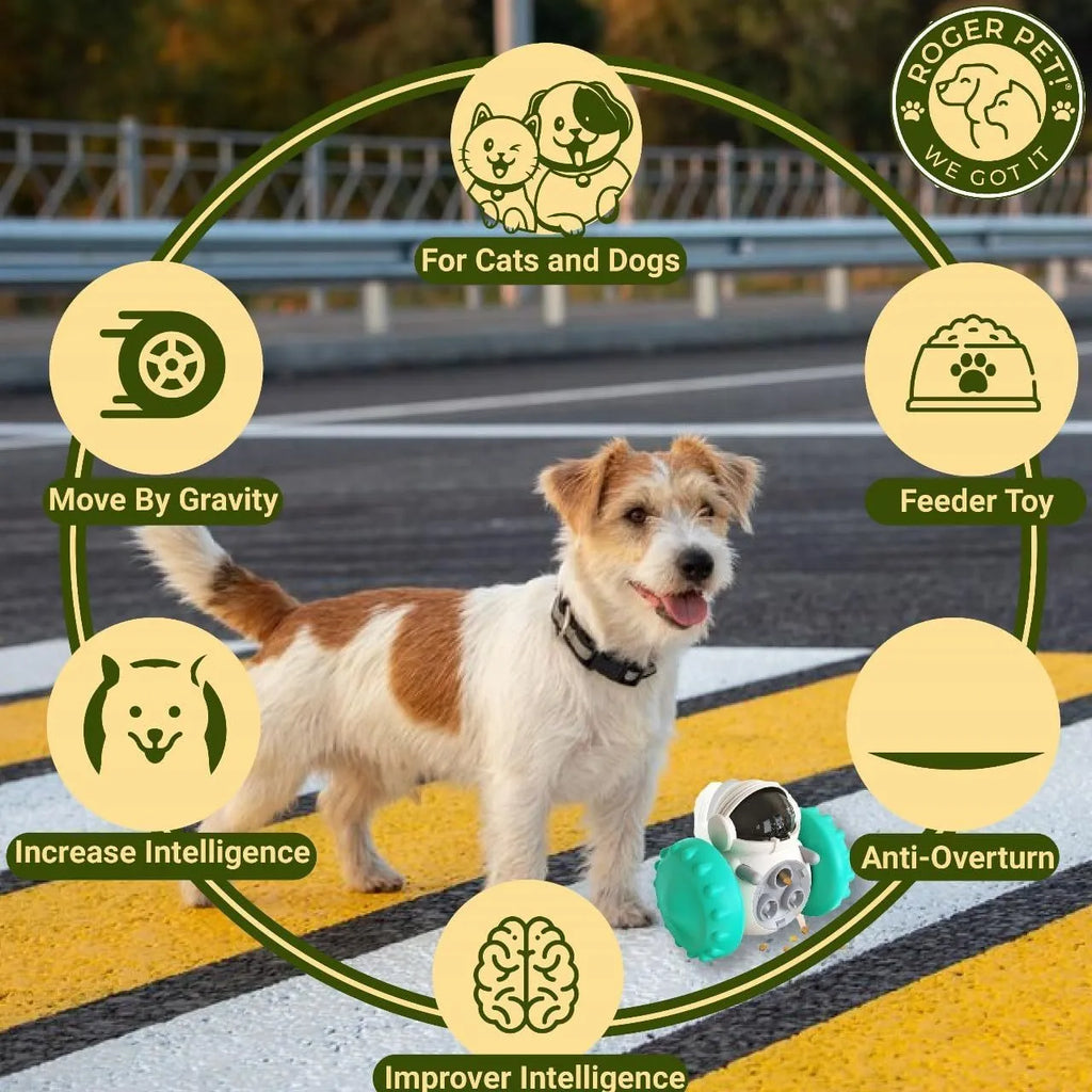 Self-balancing tumbler puzzle toy for small dogs with robot appearance and slow feeder design