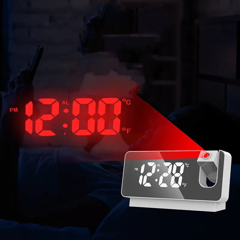 Rectangle 6-inch LED projection alarm clock with plastic mirror display on desk