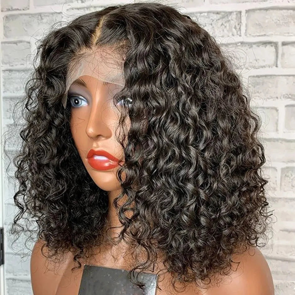 Black front lace small curly wig with long bangs, T-shaped lace 73, 8 to 16 inch lengths