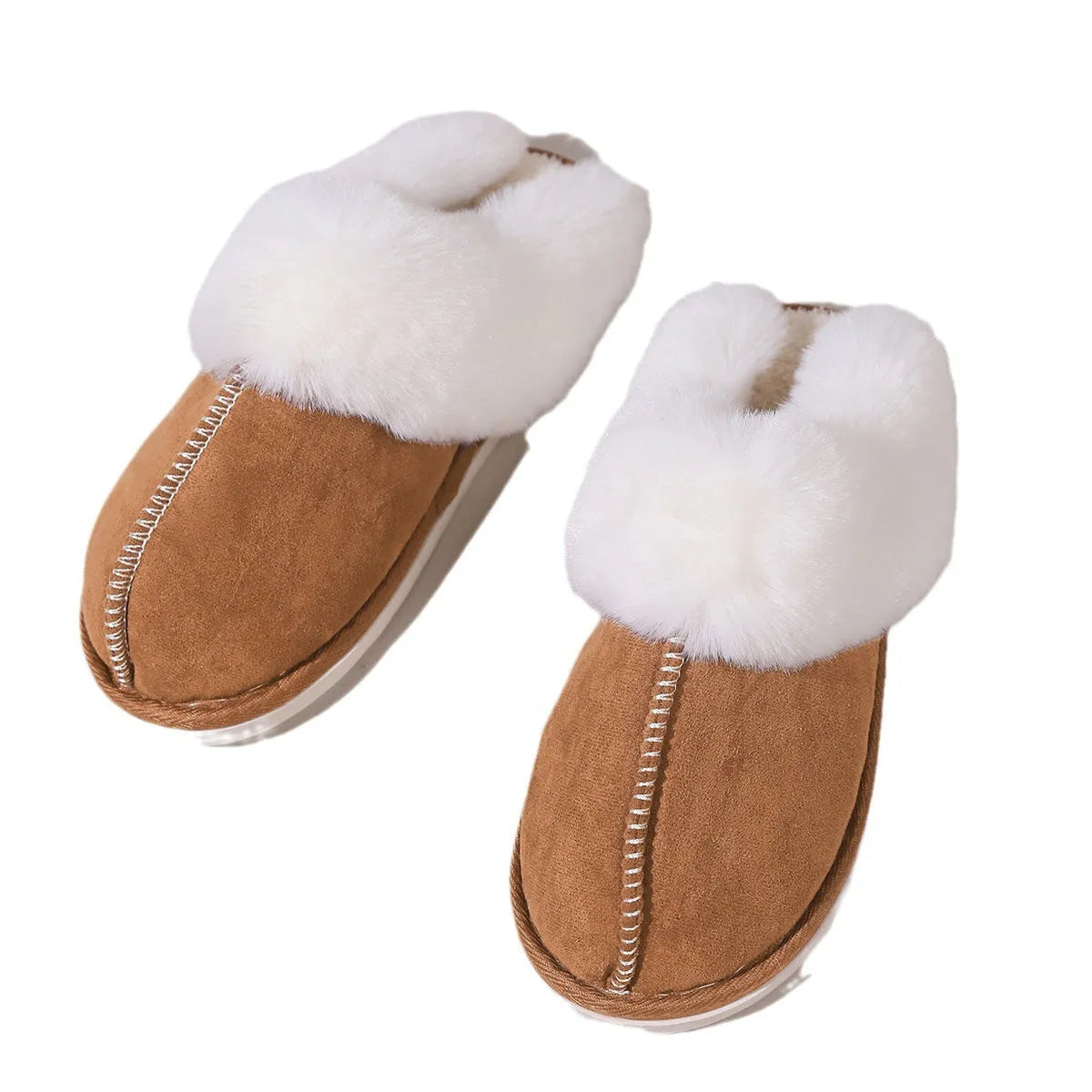 Cotton fleece-lined indoor slippers with fur toe cap in beige, flat heel, PVC sole
