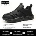 Black low-top safety work shoes with a velcro buckle, featuring a steel toe cap and EVA sole.