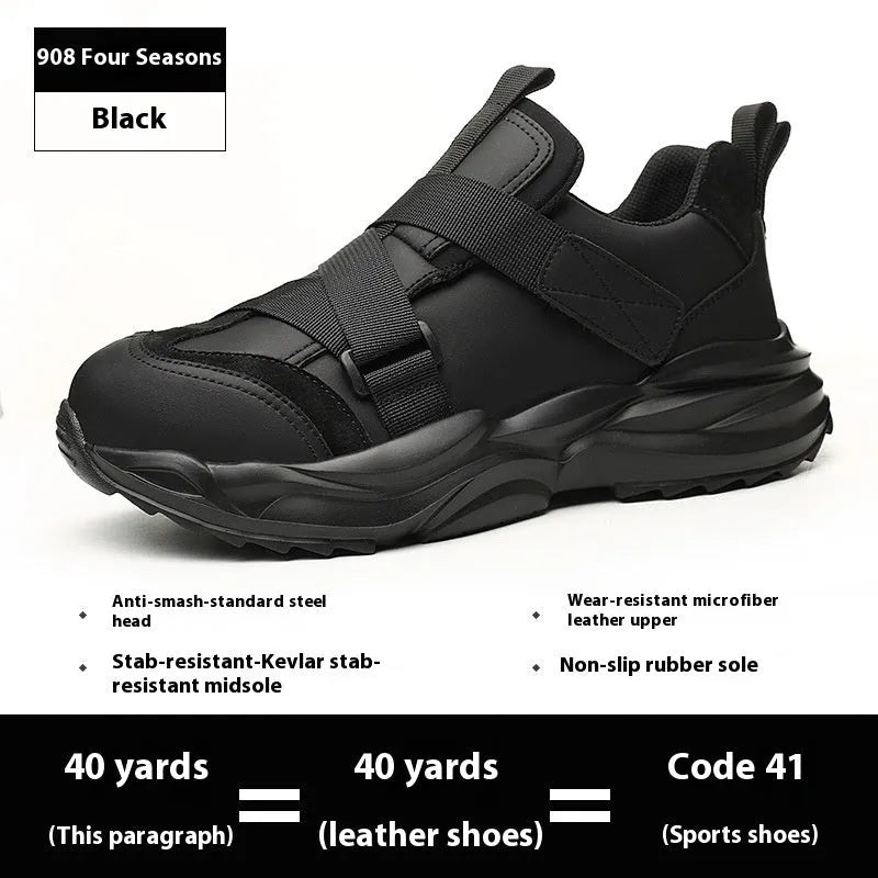 Black low-top safety work shoes with a velcro buckle, featuring a steel toe cap and EVA sole.