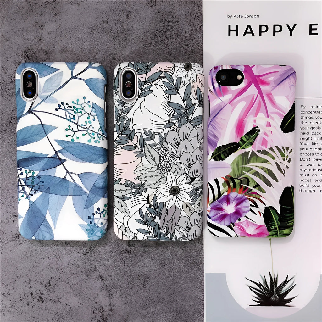 White leaf and morning glory flower oil painting design on an iPhone protective case.