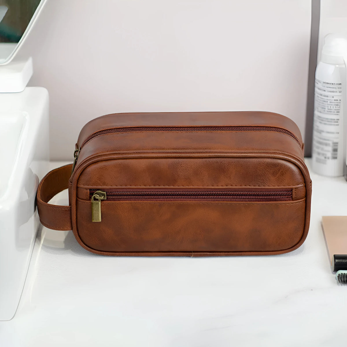 Men's PU leather handheld storage bag in black with sewing seams and zip closure