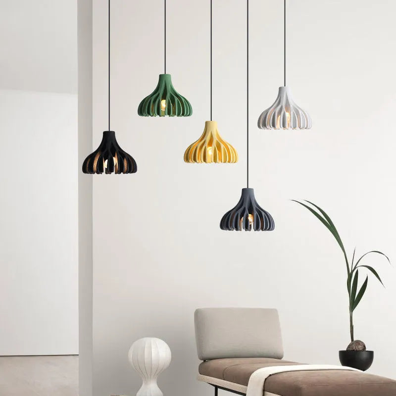 Nordic resin chandelier 22x20cm with iron elements, E27 light source, 2m hanging wire, in black, green, grey, white, or yellow