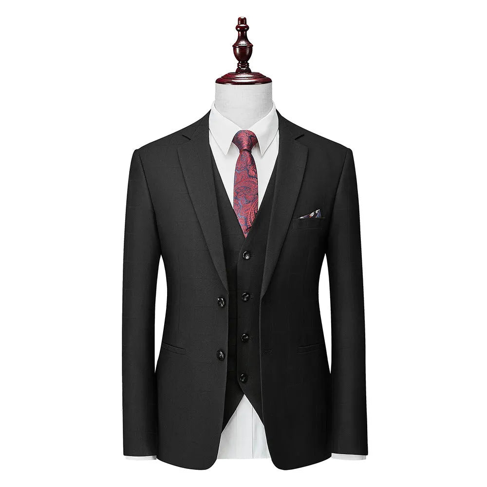 Men's navy blue plaid slim fit three-piece suit with jacket, trousers and waistcoat