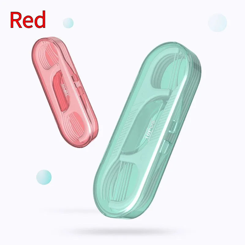 Disposable plastic dental floss bags with independent packaging, showing 100 pack offer and 180 x 238 mm size.
