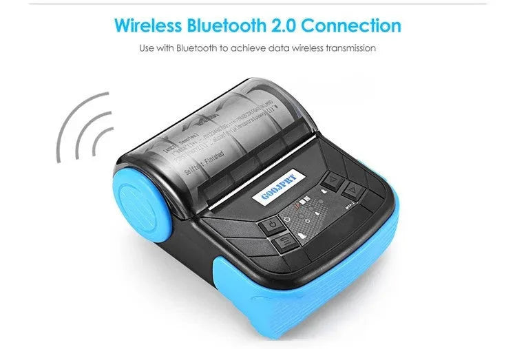 Thermal Bluetooth handheld bill printer with 80mm paper roll and blue light on top