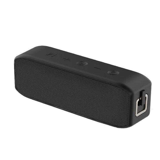 Black waterproof Bluetooth speaker with control buttons and multiple connection ports