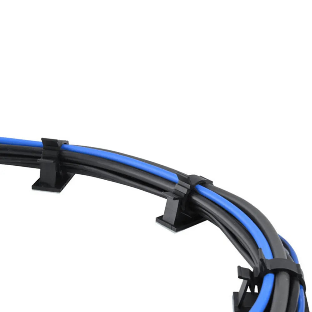 Black nylon adhesive cable clamps showing two-stage lock design for 13mm maximum cable diameter