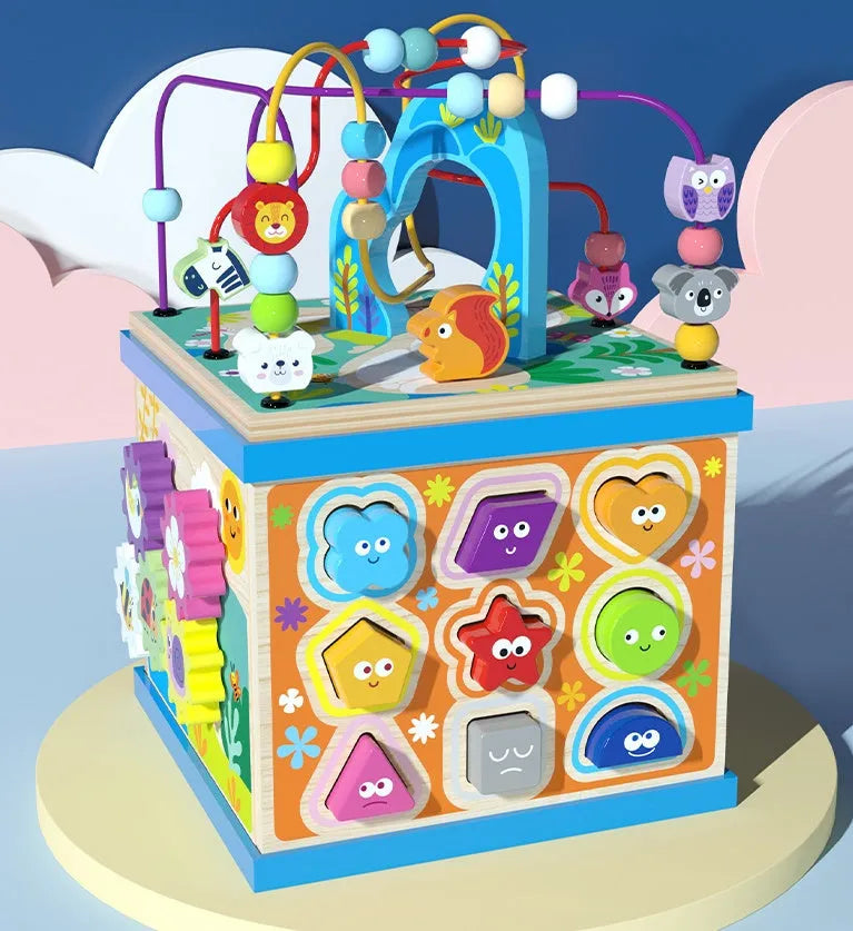 Blue wooden bead treasure box toy with multifunctional scenes for baby development