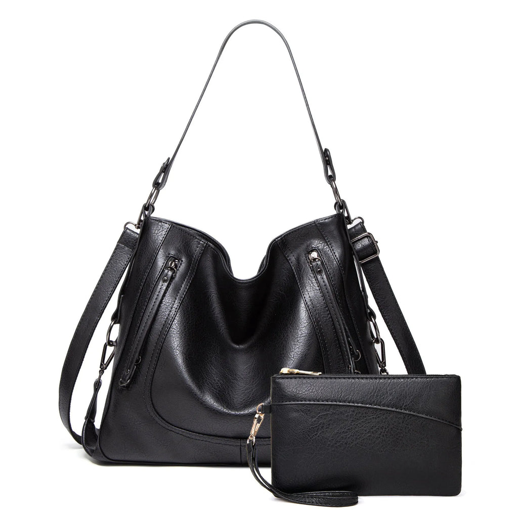 Large capacity soft PU retro tote bag with sewing line detail in bucket shape, outer sandwich pocket, shoulder strap