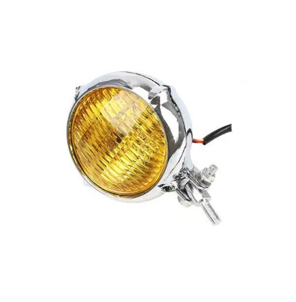 Black circular aluminium Harley-style motorcycle headlight with a coloured glass lens.