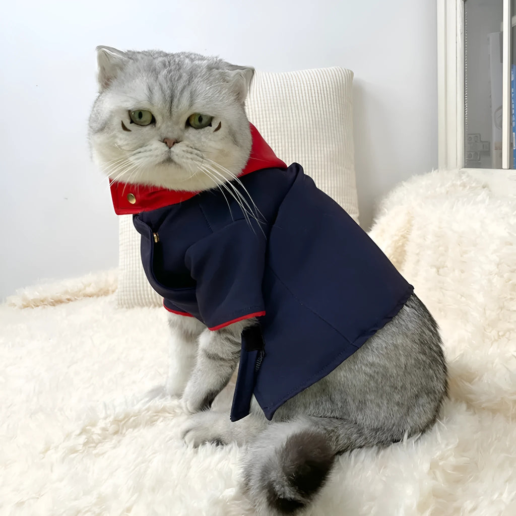 Soft jersey hoodie for a cat or dog in Tiger Staff Yuren pattern, sized S or M, worn as a costume.