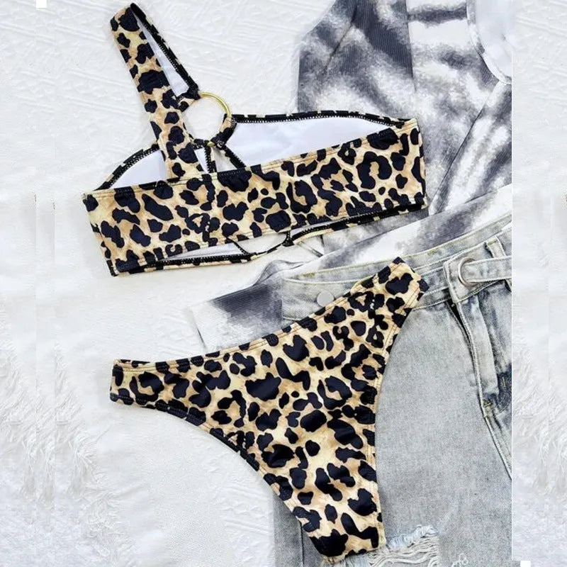 Women's leopard print bikini set with polka dots and hollow-out design on nylon fabric