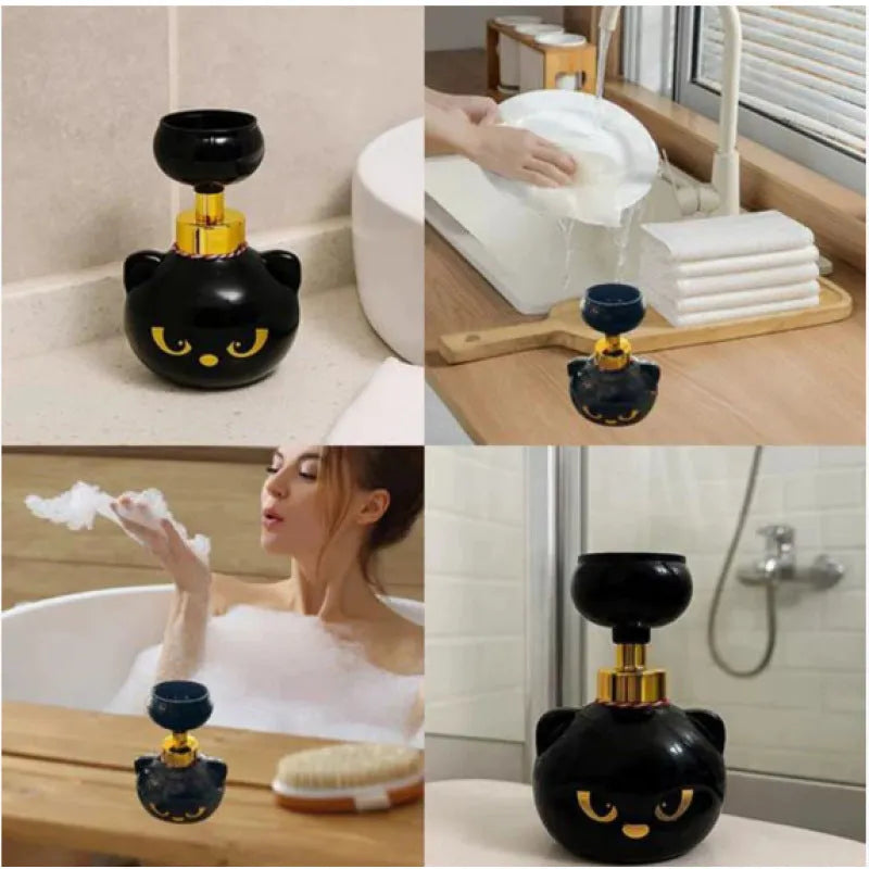 Black cartoon cat-shaped plastic foam soap dispenser pump, 10cm wide by 18cm tall.