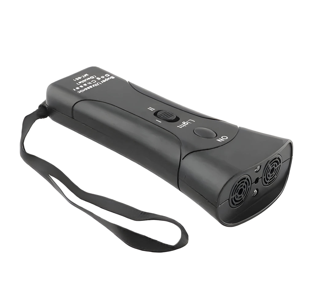 Black ABS ultrasonic dog repeller and training flashlight, 14cm x 6cm x 3cm, 130dB, 20m range