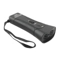 Black ABS ultrasonic dog repeller and training flashlight, 14cm x 6cm x 3cm, 130dB, 20m range