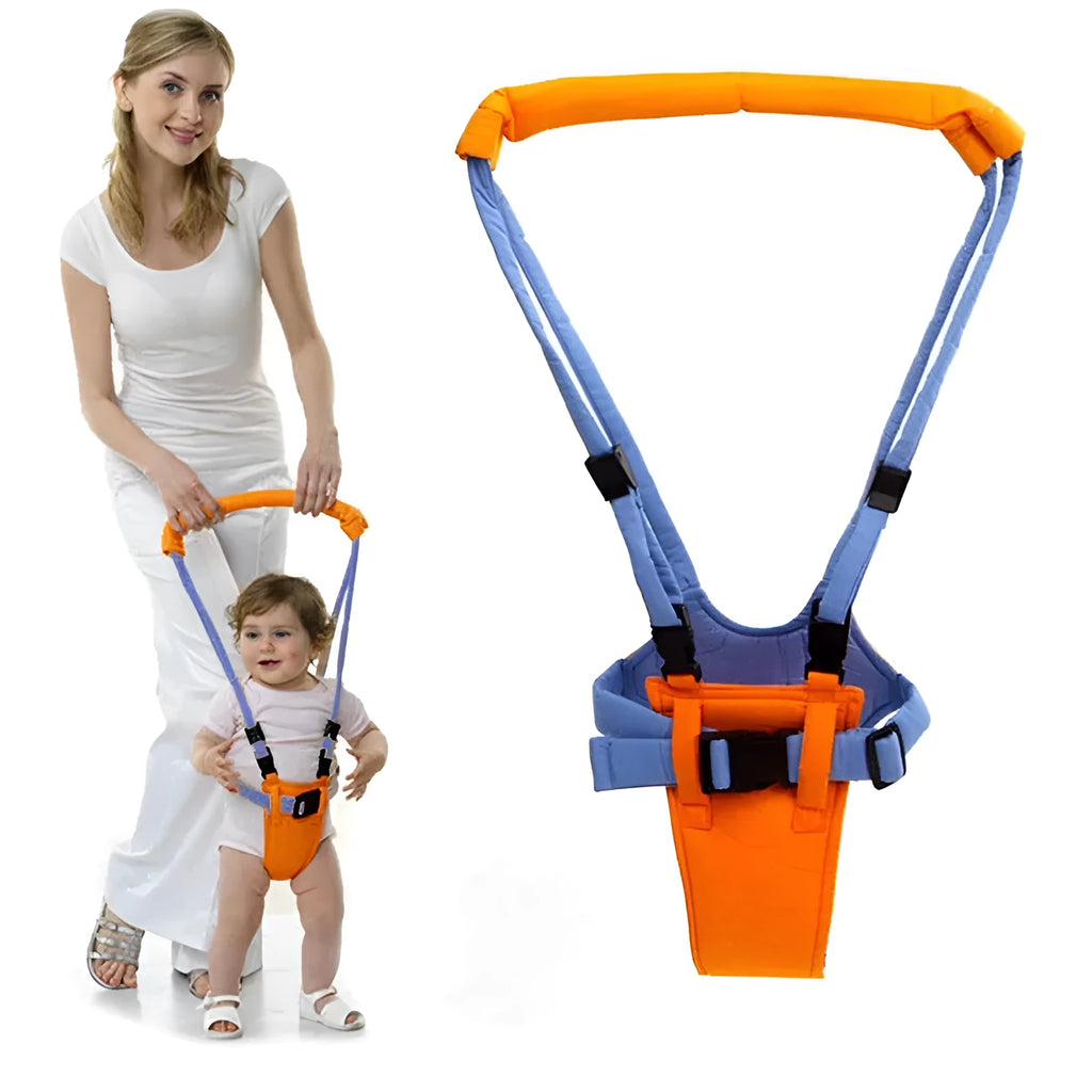 Baby toddler walking harness in orange and blue with adjustable strap and plastic locks