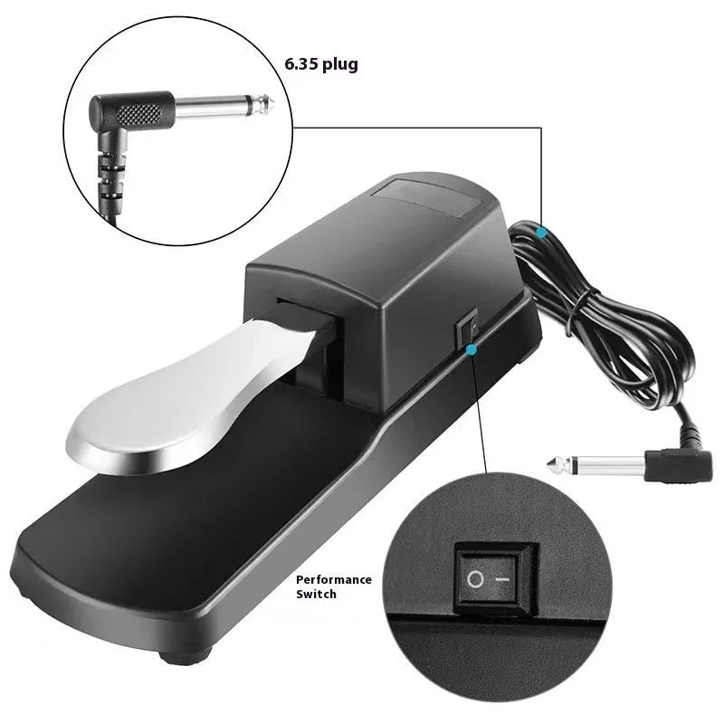 Black universal sustain pedal for electronic MIDI keyboards with single leg design and 6.35mm jack connector