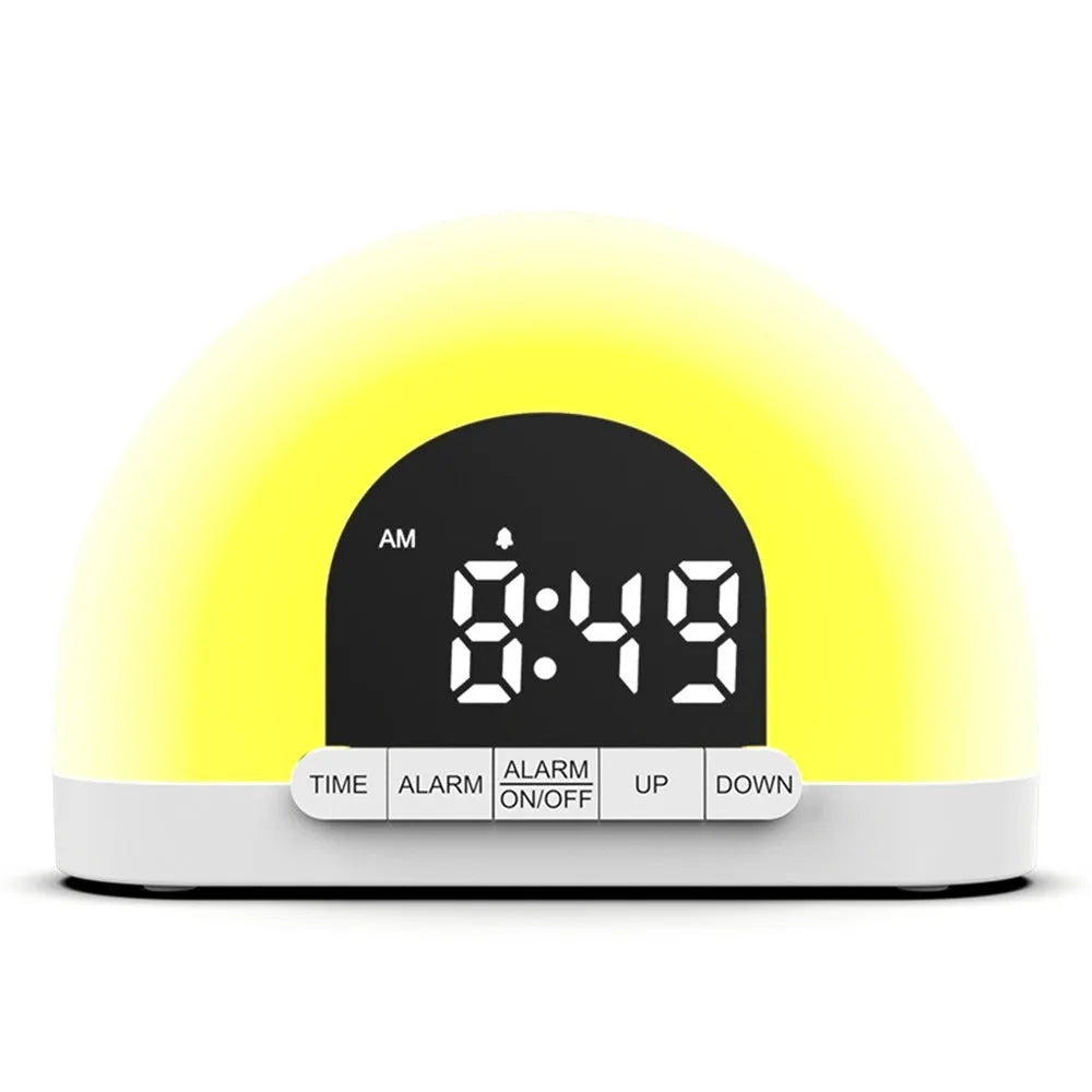 White display simulated sunrise alarm clock with ABS shell and DC cable on a bedside table