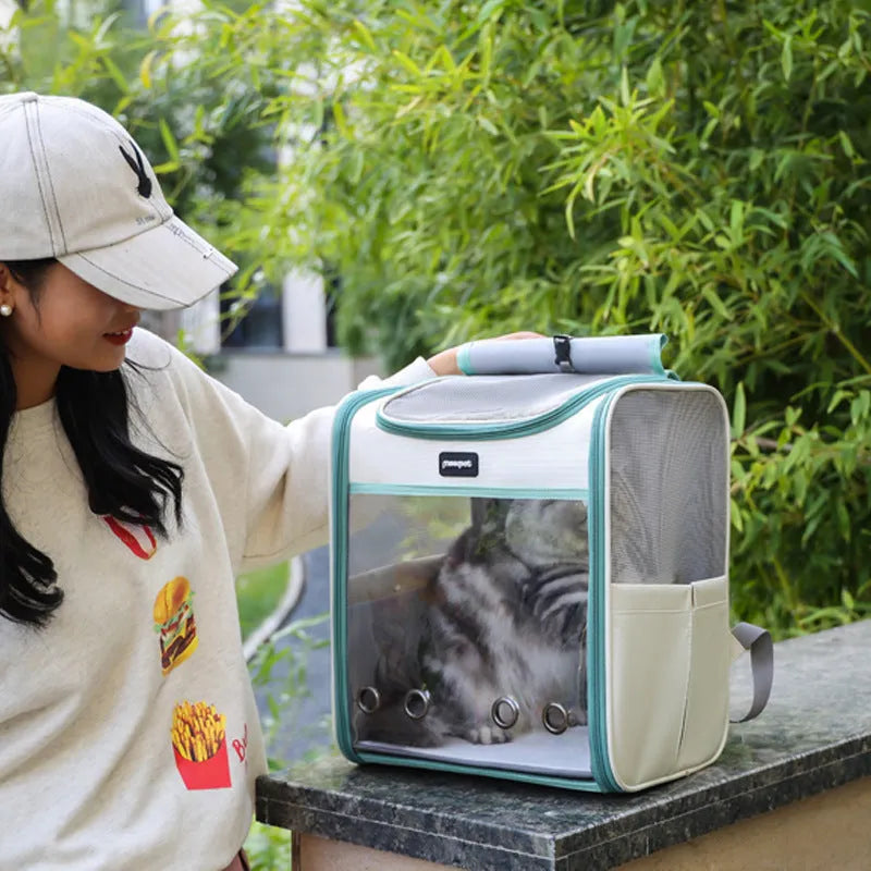 Portable pet backpack in PVC Oxford with solid colour design, available in grey, yellow, green or colourful.