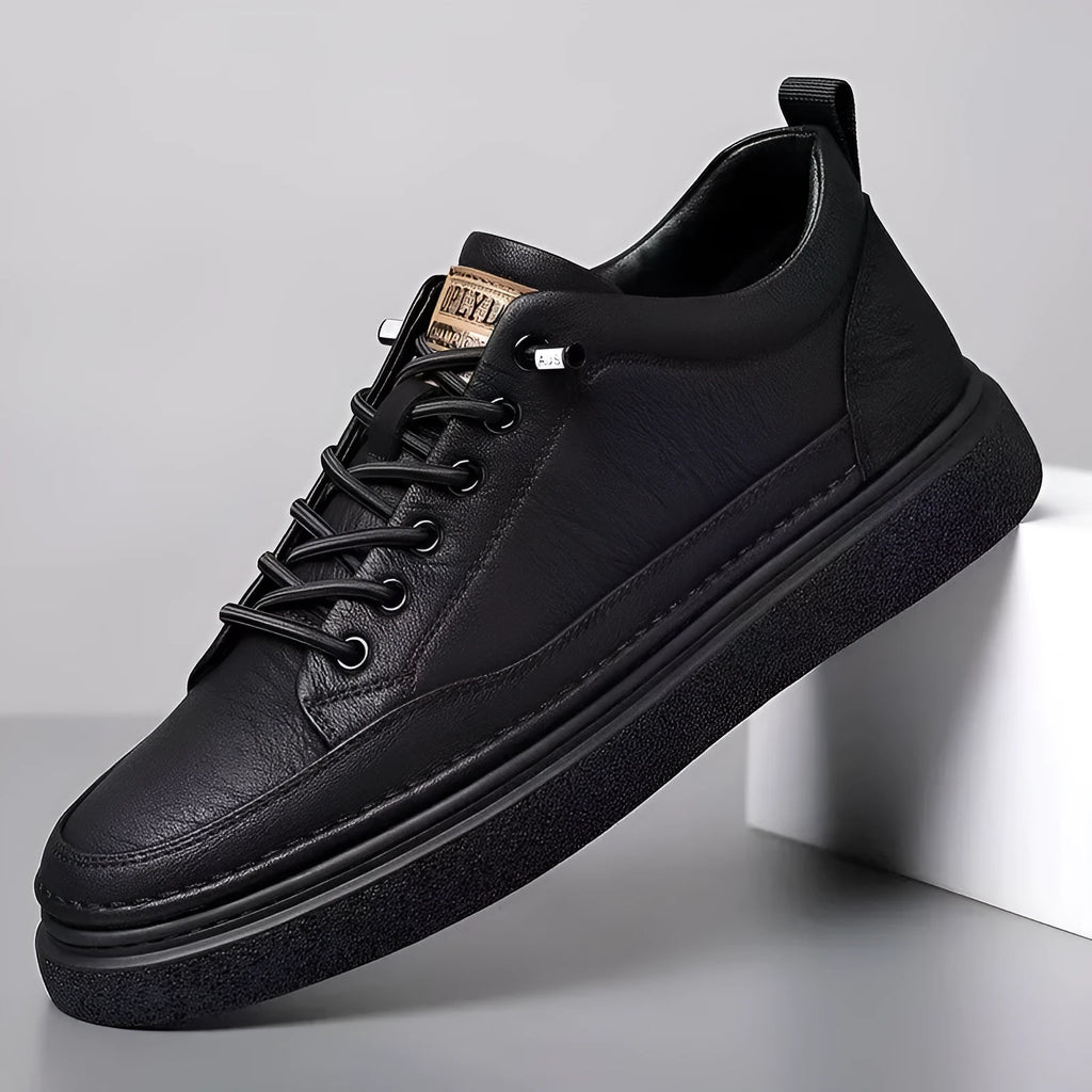 Men's black sports casual loafers with artificial PU upper and sewing line detail
