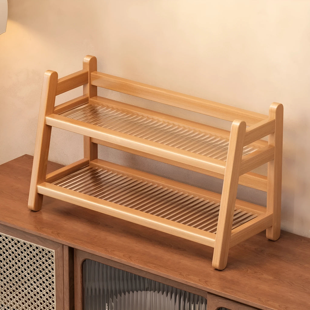 Bamboo and acrylic 2-layer tabletop teacup storage rack in primary colour with cups placed on shelves