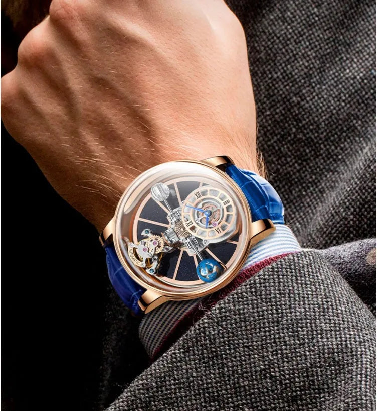 Men's hollowed-out quartz watch with round 46mm dial, real leather strap, and mineral glass on wrist
