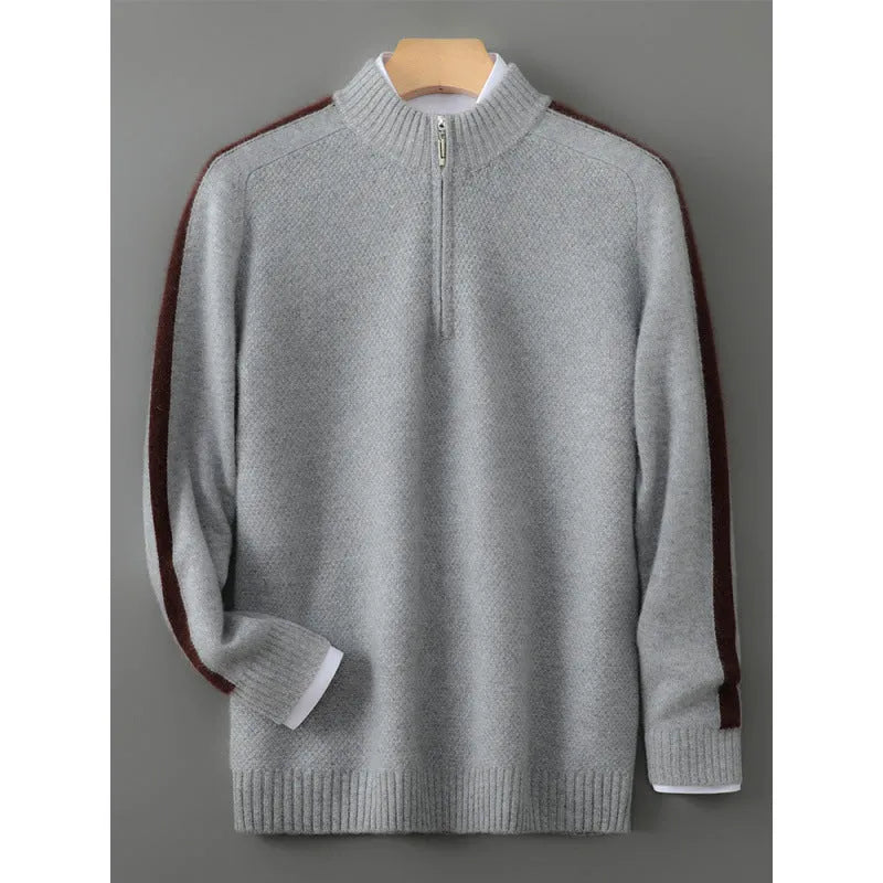Sheep wool half-zip pullover sweater in slim fit shown in grey colour.