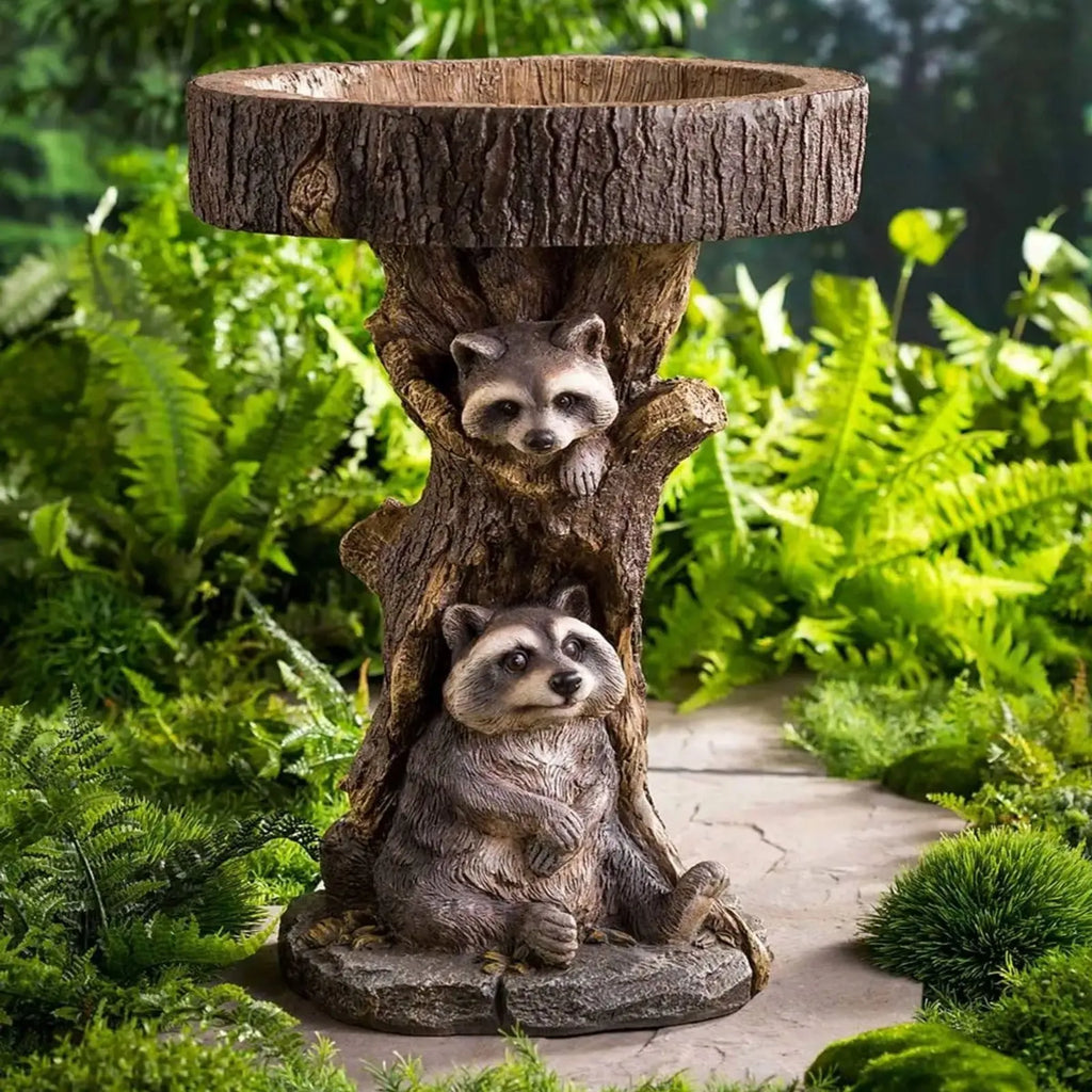 Handmade resin animal ornament in puppy or raccoon colour, sized 10 x 9 x 21 cm or 22 x 13 x 13 cm for garden decoration.