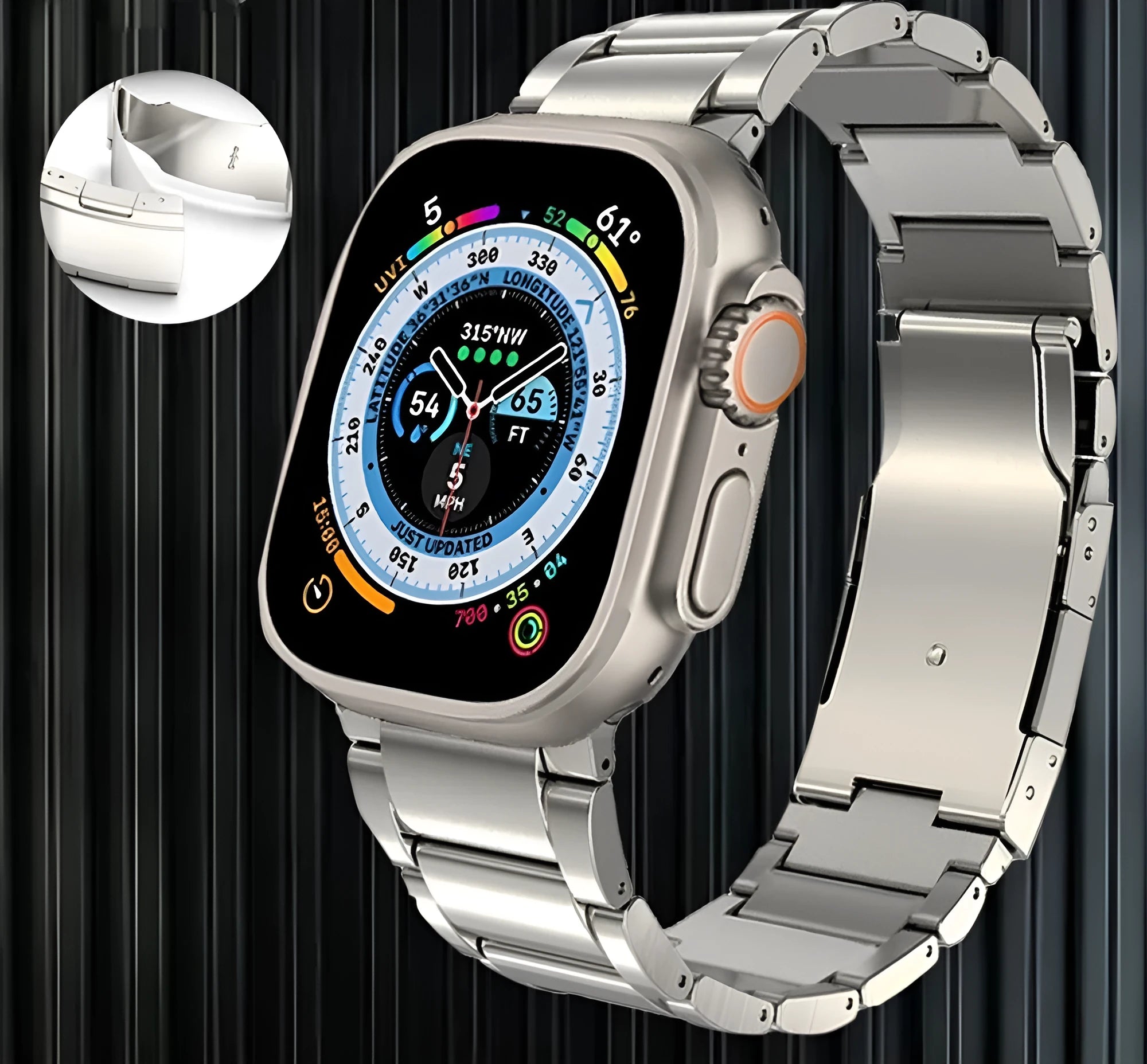 Black titanium metal band with folding buckle for Apple Watch on a grey background