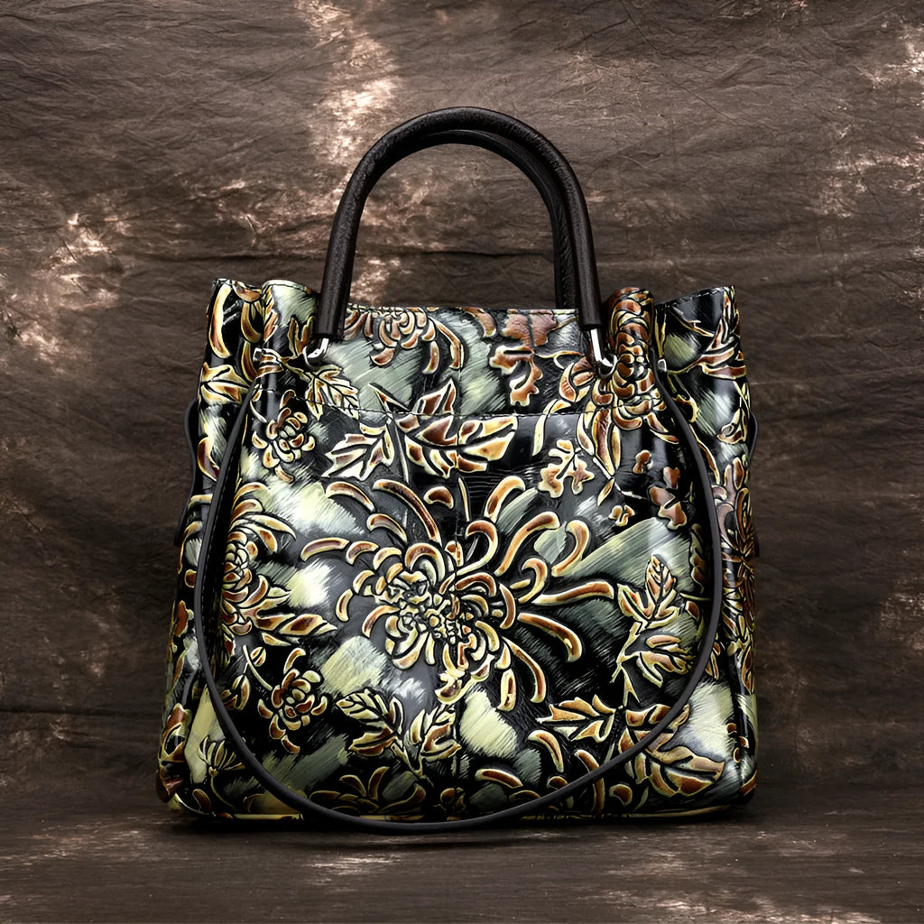 Trendy women's three-dimensional embossed first layer cowhide messenger bag with floral pattern in brown