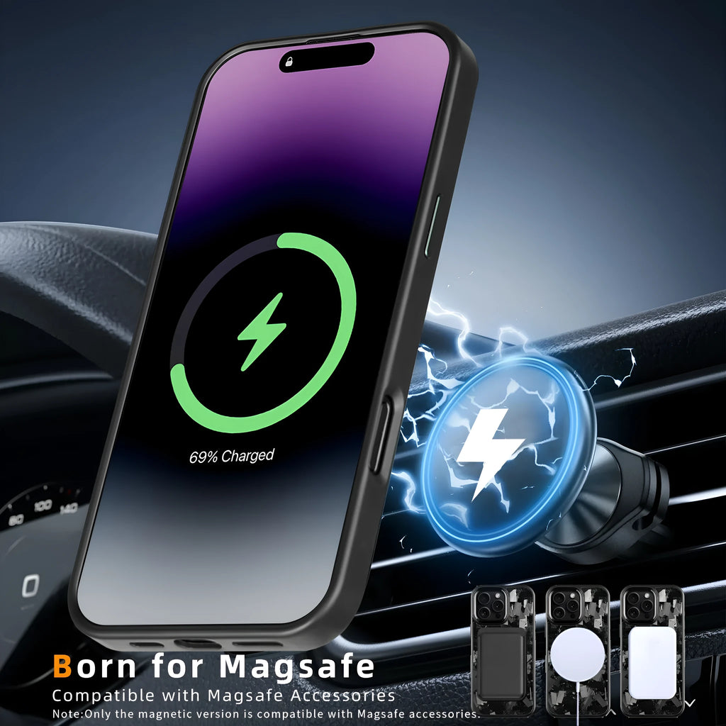 Black metal-framed carbon fibre iPhone case with forged pattern and magnetic feature.