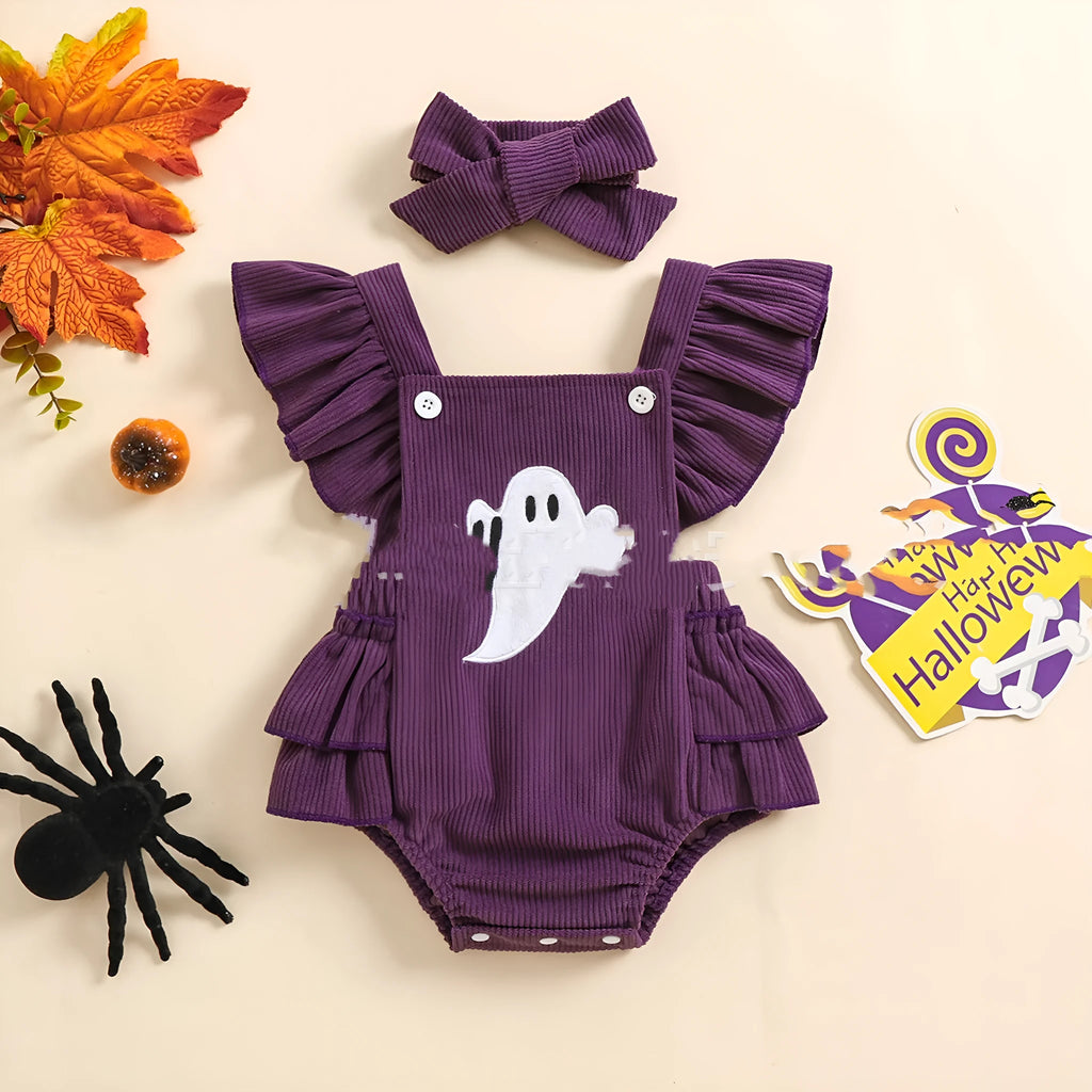 Purple Halloween toddler triangle jumpsuit with embroidered towel detail and hidden hook closure, sizes 70cm to 100cm.
