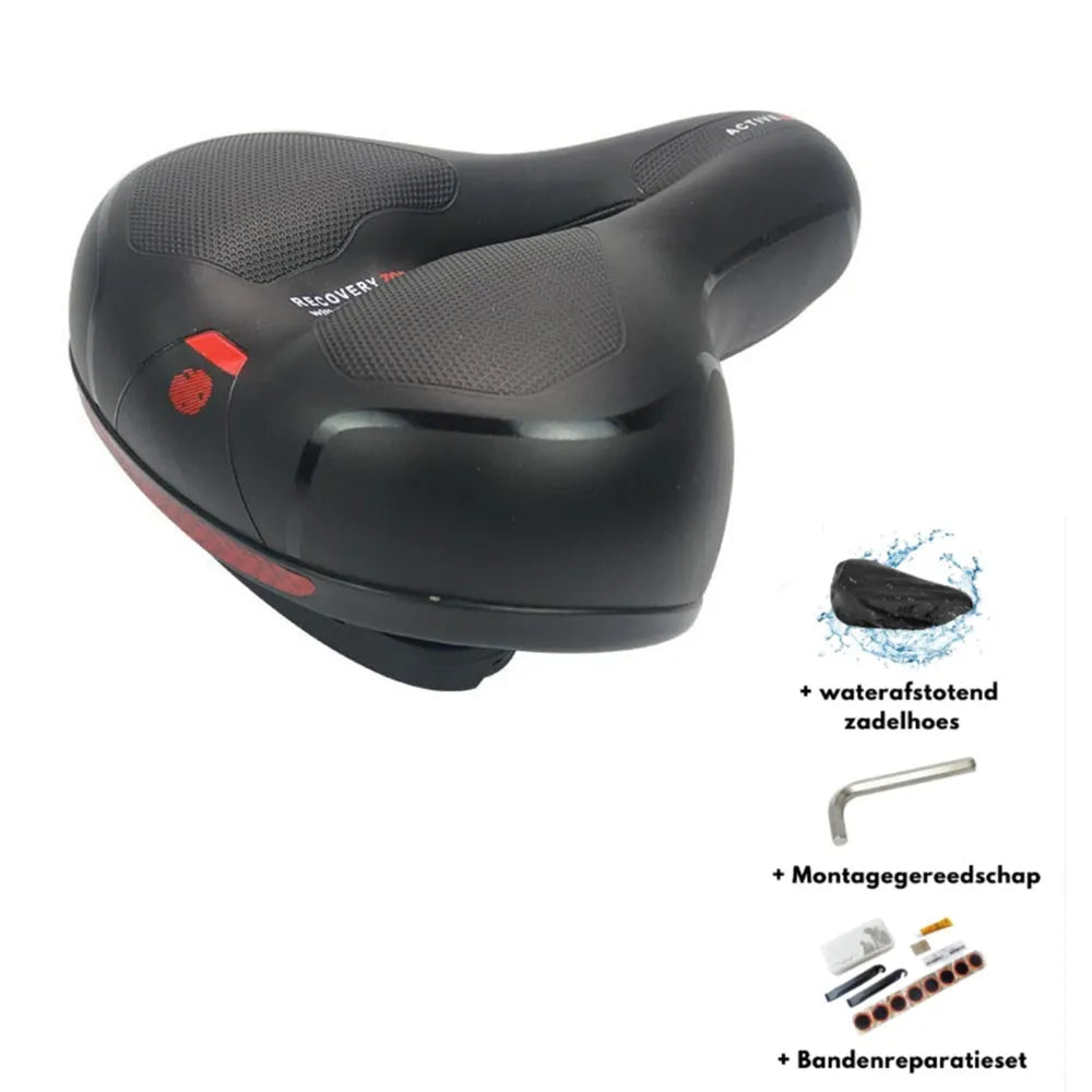 Silicone bicycle cushion saddle with PU leather cover, spring, and included wrench and tyre patches.