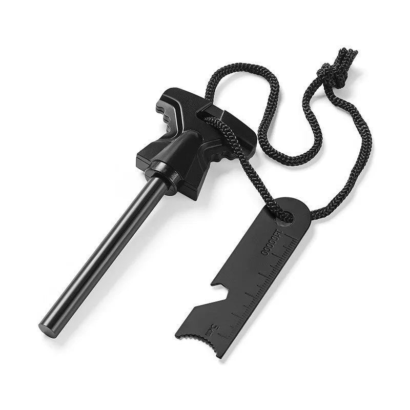 Butterfly-shaped stainless steel firestone and bottle opener survival tool.