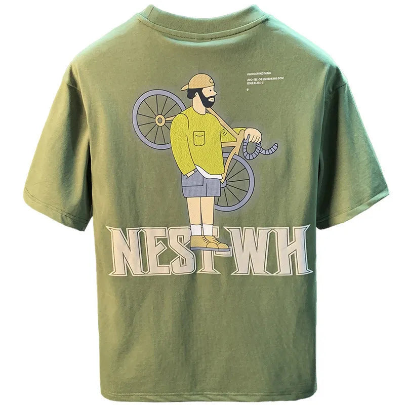 Green men's t-shirt with literary youth print, loose fit short sleeve design