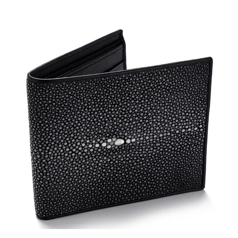 Pearl fishskin leather wallet in horizontal square shape with sewing thread detailing